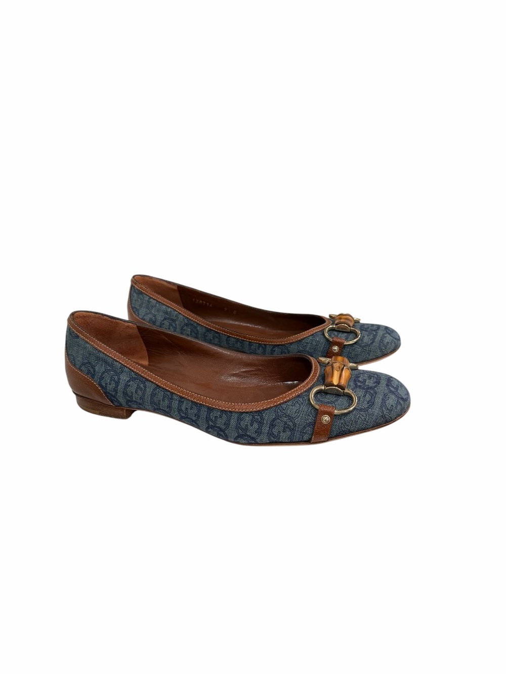 Gucci Horsebit Bamboo GG Monogram Denim Ballet Flats